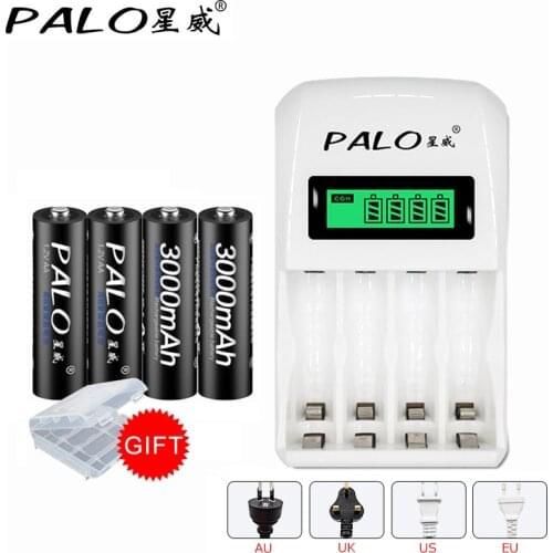 PALO 4 Slots Fast Intelligent LCD Display Battery Charger For AA / AAA NiCd NiMh Rechargeable Batteries+1.2V 4pcs AA Battery