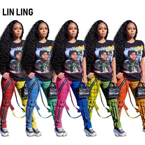 Hip Hop Style Plaid Zipper Bag Decorative Pencil Pants Street Cool Girl Contrast Colour Bottoms