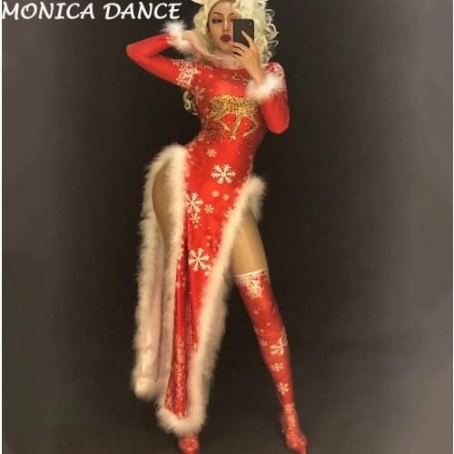 Christmas Women Sexy Stage Red Long White Fluff Cheongsam Nightclub Party Stage Wear Bling Costumes Dress (Without Headwear)