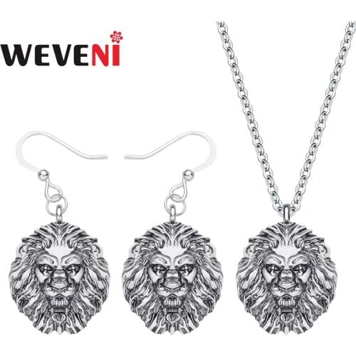 WEVENI Alloy Plated Antique Gold Anime Lion Head Jewelry Sets Animal Earrings Necklace Jewelry For Girl Women Funny Party Gift