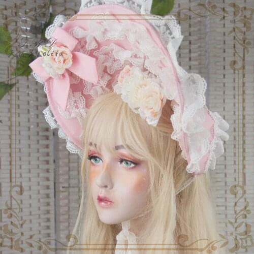 Handmade Flower Wedding BNT Cosplay Gothic Gorgeous Lace Rose Bonnet Vinatge Soft Girl Lolita Bandge BB Sun Hat Cap Headwear