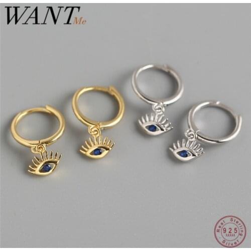 WANTME Classic Bohemian Genuine 925 Sterling Silver Blue Zircon Demon Eye Studs Earrings for Women Evil Eye Ear Hoop Jewelry