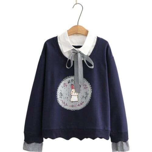 Fake Two Piece Patchwork Women Sweatshirts Cartoon Print Lace Up Hoodies 2020 Autumn Long Sleeve Turndown Collar Cute Kawaii Top