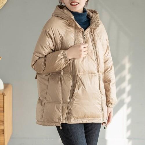 Ailegogo Winter Women Hooded Loose 90% White Duck Down Coat Casual Female Zipper Pocket Down Parka Snow Jacket Ladies Outwear