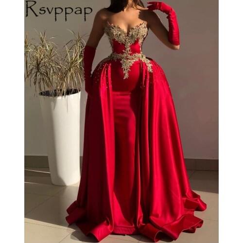 Two-Pieces Red Mermaid Arabic Style Evening Dresses 2021 Long Elegant Beaded Gold Appliques Satin Women Formal Evening Gowns