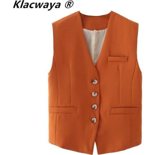 Klacwaya New Women Simply Sleeveless Single Breasted Orange Vest Jacket Office Lady Slim Suit WaistCoat Pockets Outwear Tops
