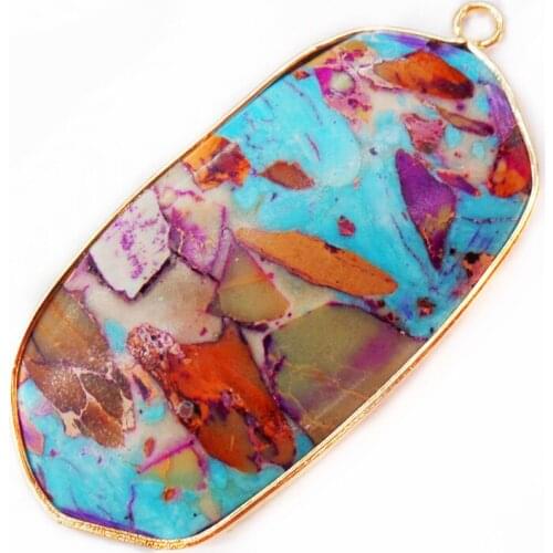 1Pcs 49x23x5mm Purple And Blue Sea Sediment Jasper & Pyrite Oblong Metal Package Edge Pendant Bead DIY Jewelry Accessories S846