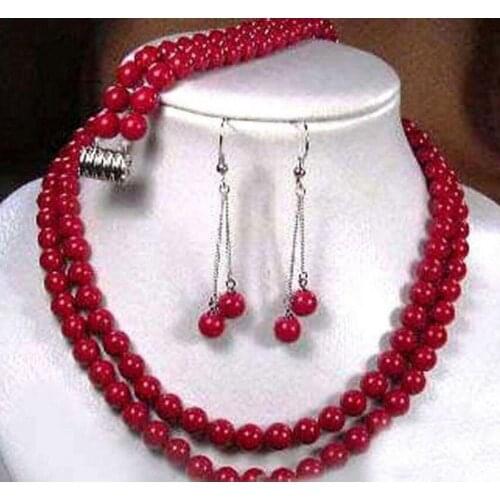 2 rows Natural Tibet red coral round beads necklace earrings bracelet set AAA jade