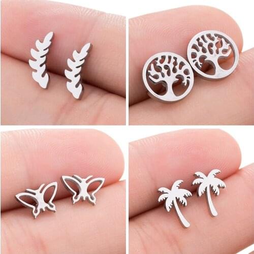 Sasusp 4 Pair Leaf Tree Earrings For Women Stainless Steel Small Butterfly Earings For Girls Ear Jewelry Accessories