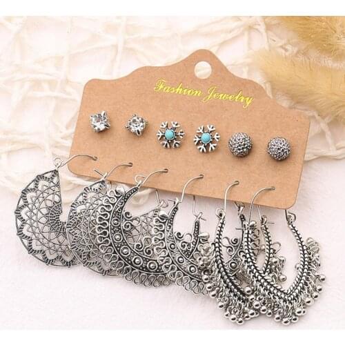 6 Pairs Leaf Drop Ethnic Style Alloy Geometry Tassel Hollow Stud Earrings Dangle Earrings for Dates School Party Outdoor