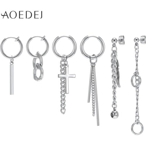 AOEDEJ 6PCS Cross Korean Earrings Long Tassel Kpop Stainless Steel Hoop Earrings for Men Womens Jewelry Ear Piercing Hoops