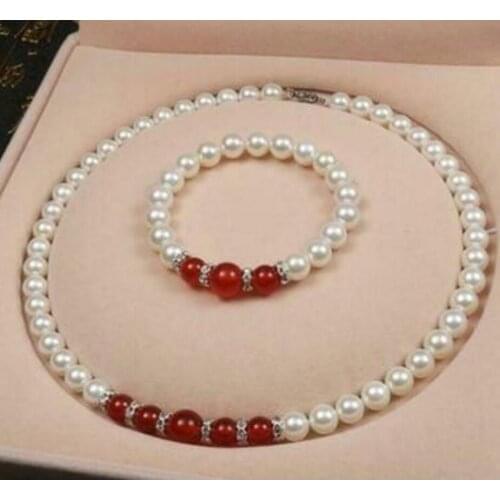 Free Shipping 8-9MM White shell Pearl / pink Jade Gems Round Beads Necklace Bracelet AAA