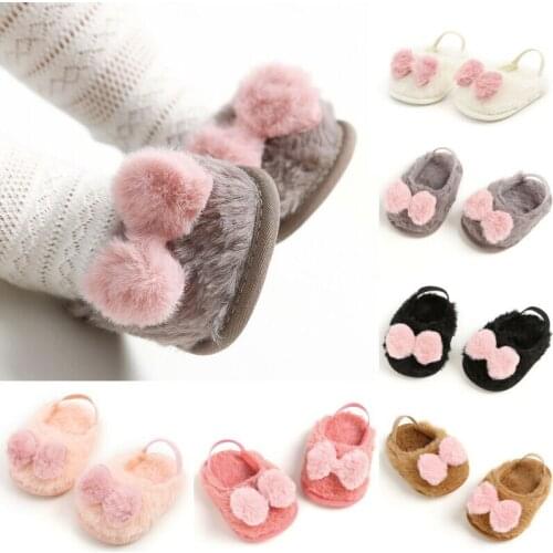 Newborn Toddler Baby Boys Girls Crib Shoes Fall Winter Plush Warm Infant Cute Bow Soft Toddler Shoes 0-18M