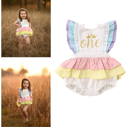 Infant Newborn Baby Girl Birthday Cotton Romper Ruffled Lace Sleeveless Golden Letter One Crown Jumpsuit Bow Fluffy Skirt