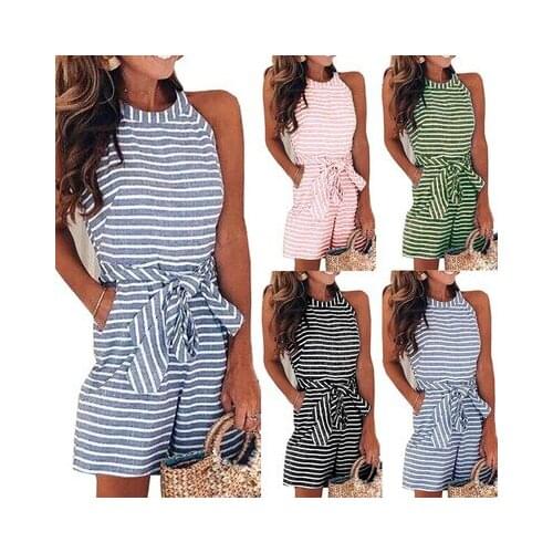 Fashion Slim-fit Lace-up Sexy Striped Round Neck Jumpsuit Womens Short-sleeved Pockets With Belt Plus Size 5XL Jumpsuit Summer