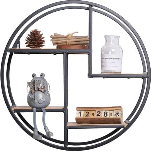 Retro Round Wall Unit Wood Metal Hanging Shelf Office Sundries Art Storage Rack Home Wooden Decorative Craft Holder 4 Partitions