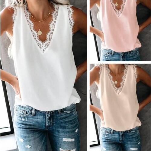 Fashion Summer 2020 Women Tank Tops V-Neck Sleeveless Casual Lace Tops Plus Size Ladies Clothes Bottoming Vest Shirt Sexy Tops
