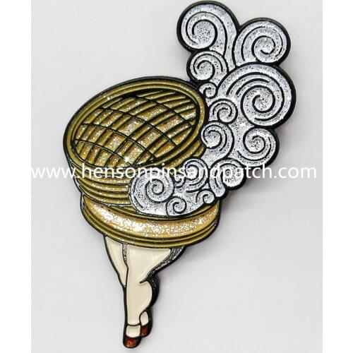 Custom Zinc alloy soft enamel cut out siomai Moore glitter Steamer pin badge with orange clutch