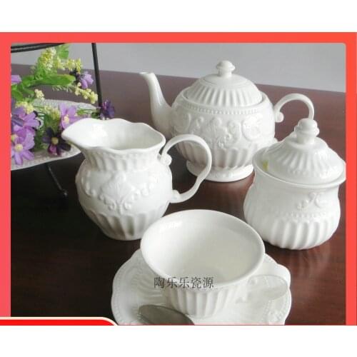 Pure white leaf relief Palace coffee black tea set classical European cup and saucer milk pot sugar pot salt pot