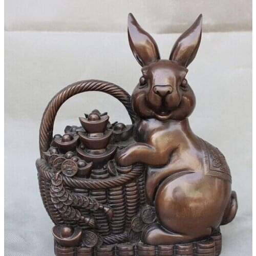 Wholesale factory 11" Lucky Chinese Pure Bronze Animals Lovely Rabbit Carry Wealth Treasure Statue 25% off