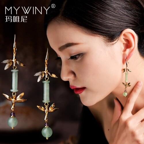 Original purple crystal dangle earrings women ,Long Aventurine vintage earrings ,New green nature stone Ethnic earrings jewelry