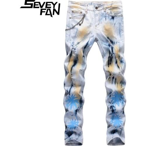 SEVEYFAN Tie Dye Ripped Jeans Mens Fashon Coconut Trees Printed Denim Pants with Chains