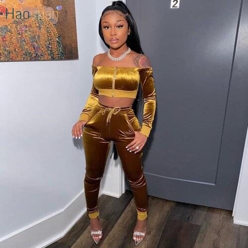 HAOYUAN Sexy Velvet Women Tracksuit 2 Piece Set Winter Fashion Clothing Off Shoulder Crop Top Pants Club Outfits Matching Sets