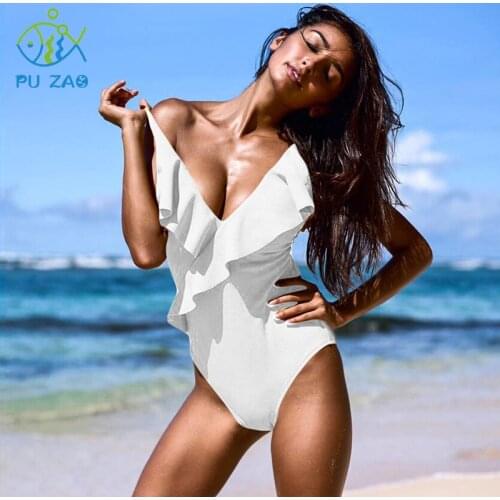 Ruffled One-piece Swimsuit Solid Color High Waist Sling Quick-drying Swimwear Beach Push-up Backless Bathing Women Micro Bikini