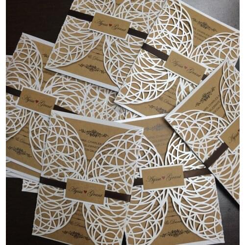 Wedding Invitation Cards White and Gold, Handmade Wedding Invitations, White Lace Wedding Cards, Laser Cut Invitation Cards