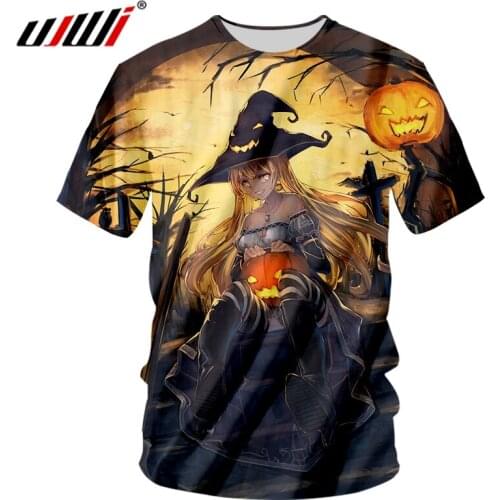 UJWI Halloween New Man 3D Printed Anime Doll And Flame Pumpkin Best Selling Personality Loose Mens O Neck Tshirt