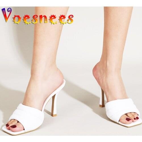 Black White Color Women Shoes Summer Square Head All-Match Slippers Shallow Mouth Comfortable Thin High Heels Sexy Party Sandals