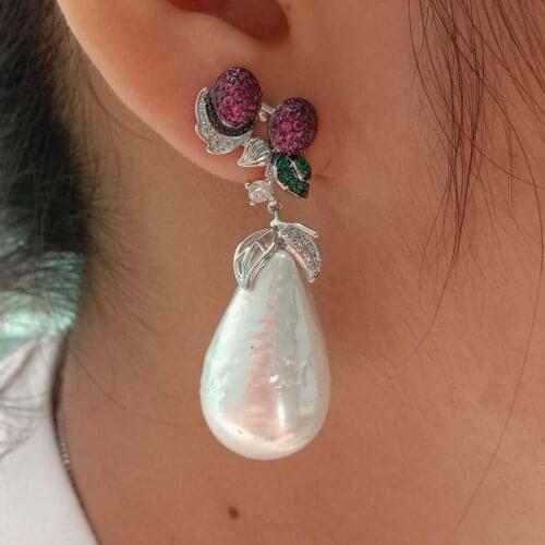 YYGEM Teardrop White Sea Shell Pearl Cubic Zirconia Pave silver plated Stud Earrings for Women Summer Beach Jewelry