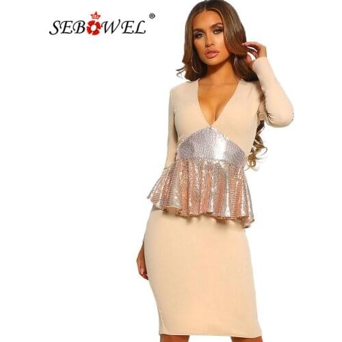SEBOWEL Sequined Long Sleeve Peplum Bodycon Midi Dress for Woman Party Night Elegant Ladies Glitter Tight Work Dress Size S-XL