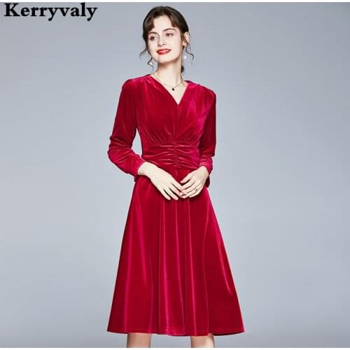 Winter Midi Red Christmas Velvet Dress Women New Year Long Sleeve V-neck Elegant Party Dress Vestido Midi Elegante K8715