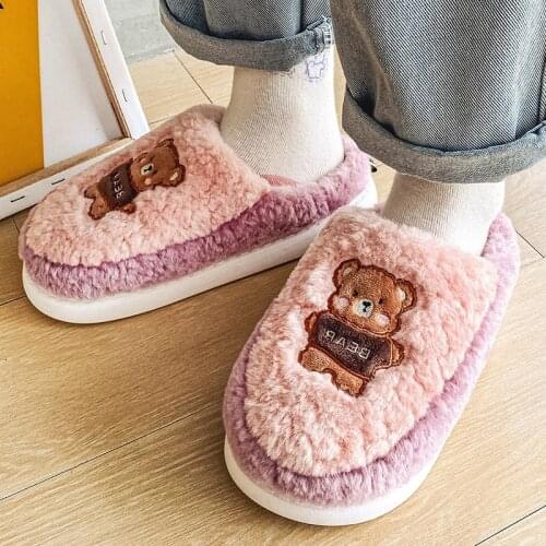 Winter Warm Slippers Women Men Cute Bear Thick Soled Non-slip Plush Cotton Shoes Memory Foam Couples Home Bedroom Fur Slides