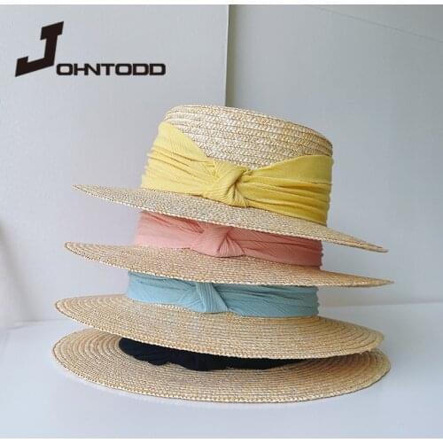 2021 New Fashion Party Hat Classic Solid Color Bow Ribbon Straw Hats Spring Summer Women Flat Sun Hat Chapeu Feminino Wholesale