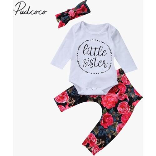 Citgeett 3Pcs Newborn Autumn Baby Girls Cotton Tops Little Sister Romper+Flower Pants Home Outfits Set Clothes 0-18M