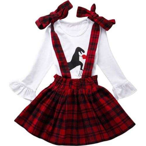 Toddler Kids Outfits Clothes Dinosaur Print Flare Sleeve T-shirt Top+Bib Plaid Dress 2Pcs Set Girls Cotton Clothing 12M-5T