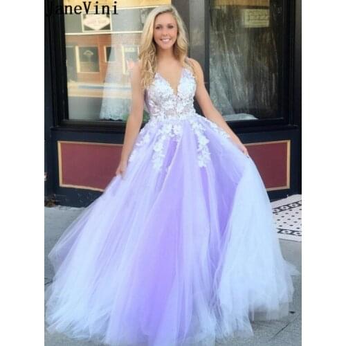 JaneVini Elegant White Flowers Lace Christmas Prom Evening Dresses Long A-Line V-Neck Lavender Tulle Special Occasion Dress 2021