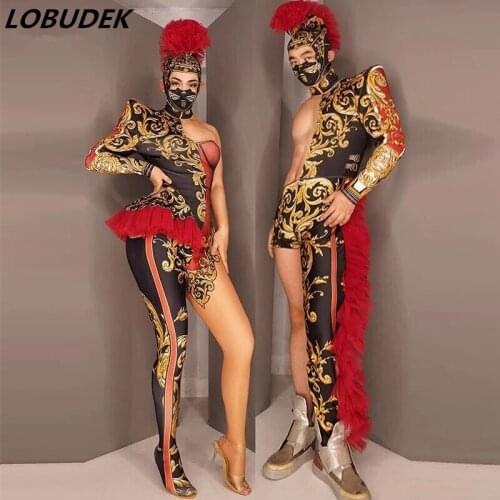 Vintage Printing One-Shoulder Jumpsuit Headdress Women Men Uniform Cosplay Costume Bar Nightclub Stage Wear Singer Stage Clothes