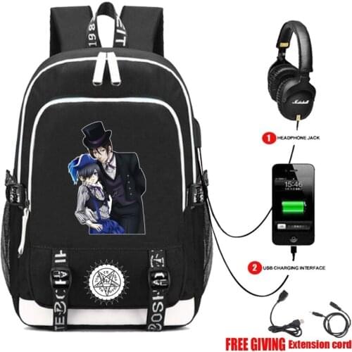 Multifunction USB Charging Headphone Jack anime Black Butler Ciel Backpacks Teenagers Laptop Bags Travel Rucksack 14 style