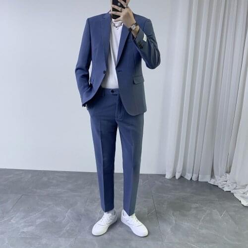 Men 2021 Spring Autumn New Casual Two-piece Set Male Casual Suit Jackets Slim Blazer and Straight Pants Men Plus Size Suits W376