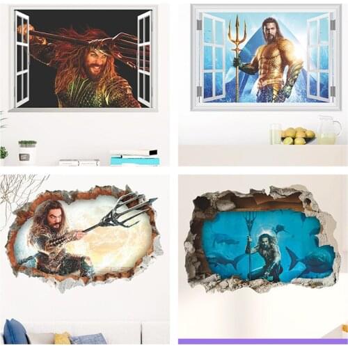 Aquaman Arthur Curry Window Wall Stickers Home Decoration Diy Movie Poster Kids Room Mural Art 3d Broken Hole Pvc Decals