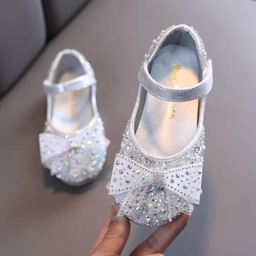 2021 New Princess Shoes Rhinestone Bow Children Single Shoes Girls Party Performance Dance Shoes Baby Student Flats Size E877