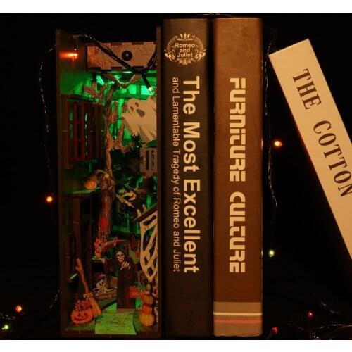 New DIY Book Nook Bookend Book Shelf Insert Bookcase Assembled Wooden Building Kit Toy for Children Halloween Gift