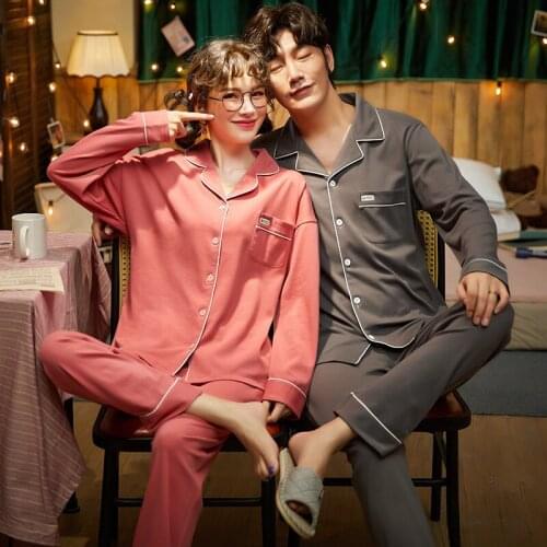 Autumn Winter Couple Pajamas Set Simple Solid Cotton Men Women Sleepwear Cotton Couple Homewear Loose Turn-down Collar Pajamas