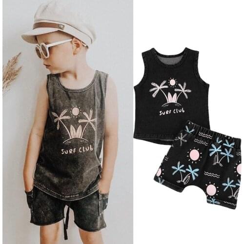 0-5Y Summer Fashion Kid Boys Clothes Sets Beachwear Trees Printed Denim Sleeveless Vest Tops Shorts 2pcs Boys Clothing