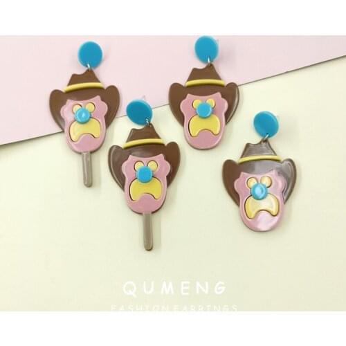 QUMENG New fashion cartoon Funny punk cartoon face Bear Ice Cream acrylic long drop earrings Cute personality party jewelry