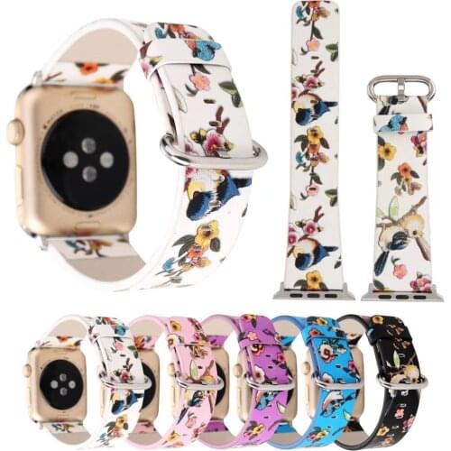 Stylish Floral Leather Strap for Apple Watch Series 3 Band Folk Rural Flower Bird Bracelet for iWatch 2 1 Watchbands 38mm 42mm