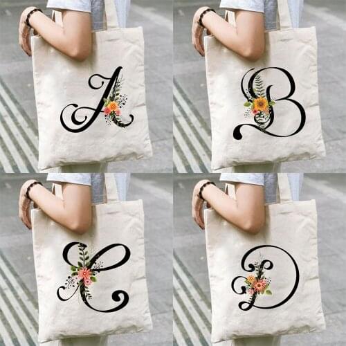 Romantic Black Alphabet Flower Shoulder Bags White Bag Printing Cute Shopping Pouch Women Shopper Tote Portable Canvas Organizer